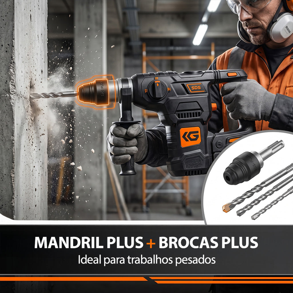 Martelete Rotativo Concrex 4 em 1 — Perfura Concreto, 4 Brocas Inclusas + BRINDES: Óculos de Proteção e Protetor Auricular