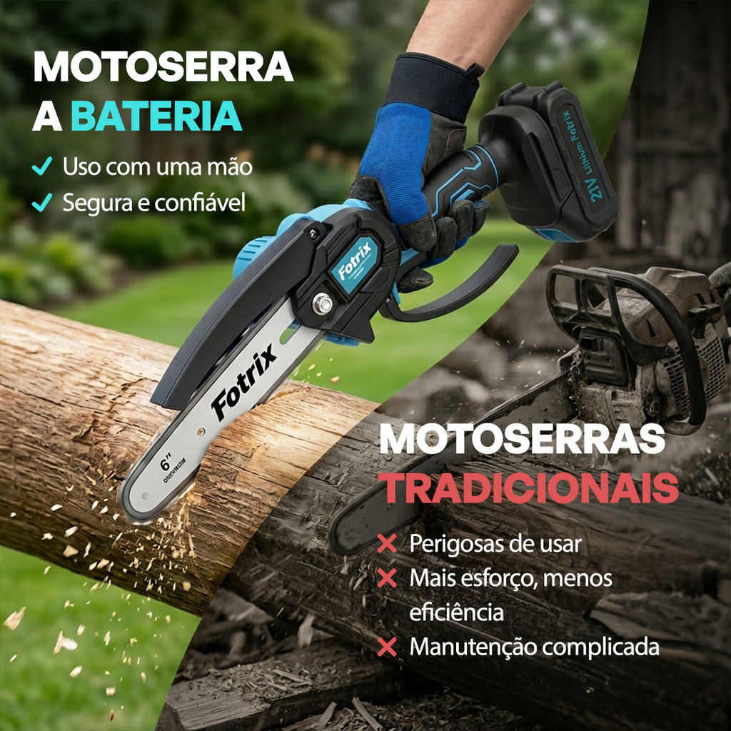 Mini Motosserra Fotrix 4 em 1, Motor de Alta Potência com 2 Baterias + BRINDE: Óculos de Proteção