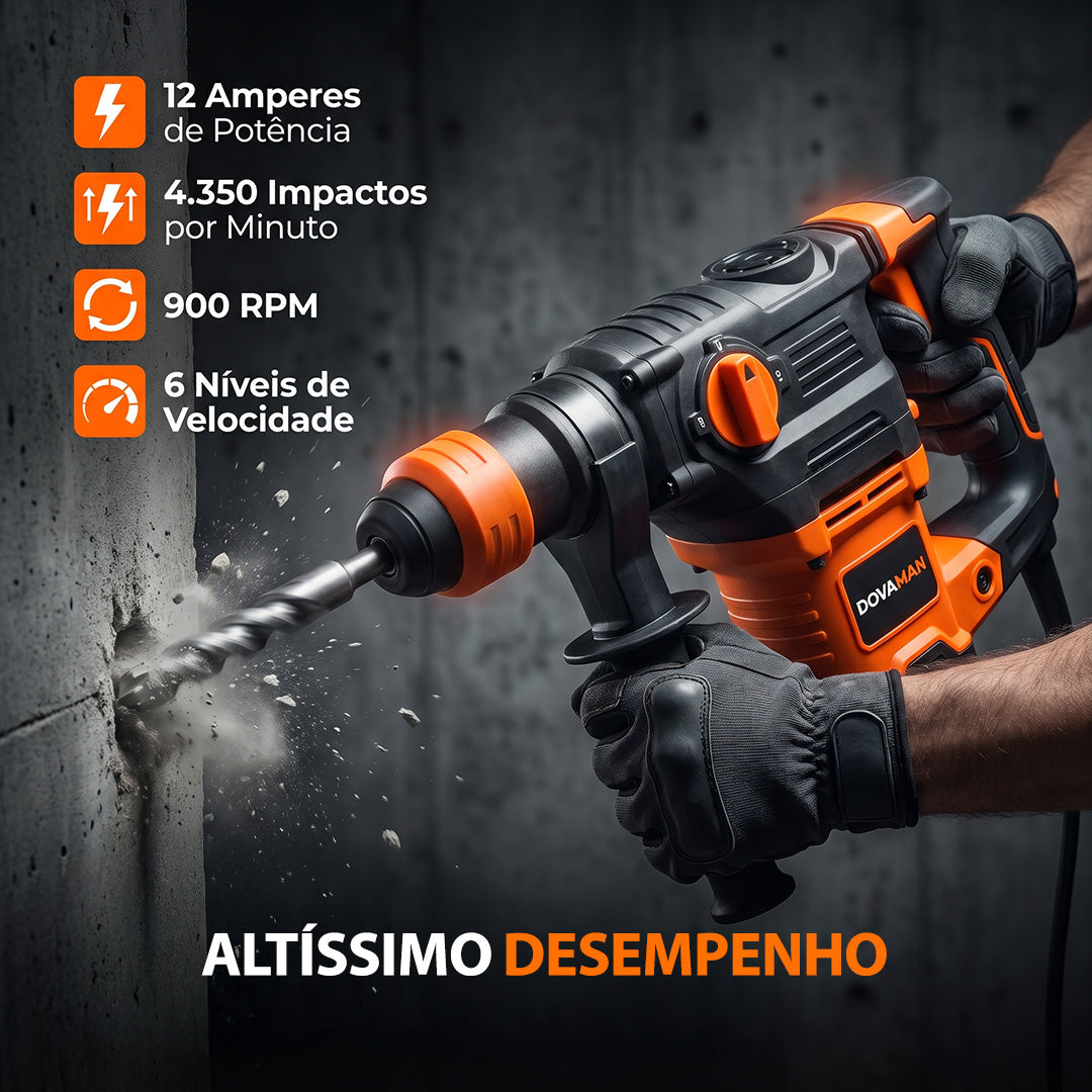 Martelete Rotativo Concrex 4 em 1 — Perfura Concreto, 4 Brocas Inclusas + BRINDES: Óculos de Proteção e Protetor Auricular